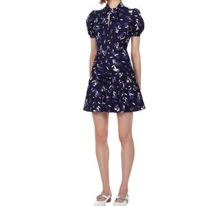 Self Portrait Navy Botanical Printed Mini Dress